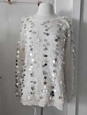 White Frayed Knit Sweater With Silver Sequins